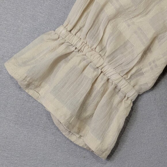 NEW Express Top Womens XS Beige Peasant Seersucker Rouched Smocked Boho Peplum - Picture 5 of 13